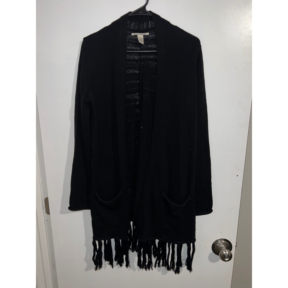 Lucky Brand Womens Black Fringe Hem Open Front Longline Cardigan Sweater Size M